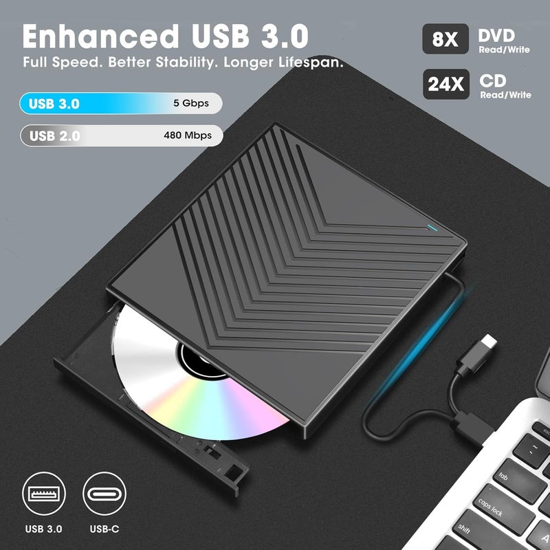 ROOFULL External CD DVD Drive Player Burner USB 3.0 & USB-C Portable CD/DVD-ROM +/-RW Optical Disk Drive with 4 USB Ports + 2 SD/TF Card Reader + Carrying Case for Laptop PC Windows Mac Linux Computer - Image 4